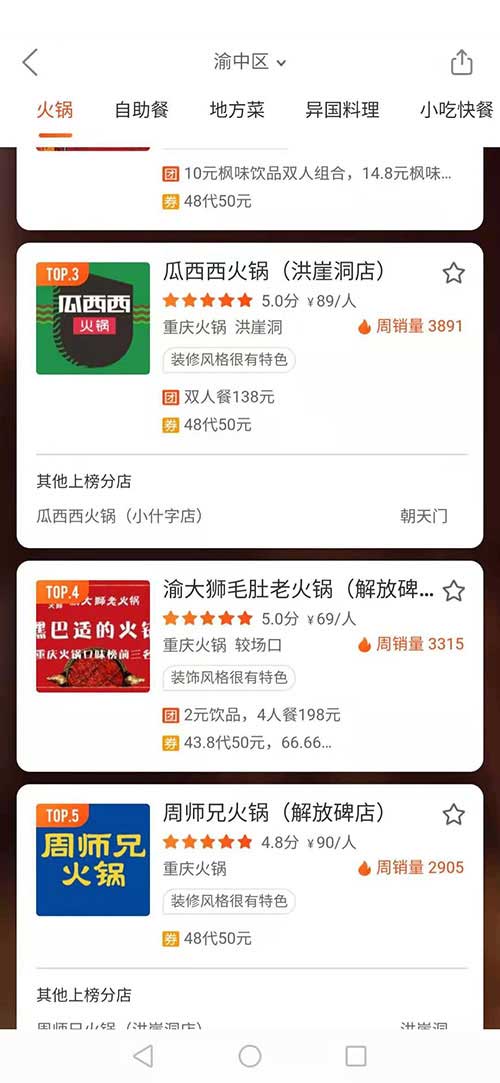 美團(tuán)渝中區(qū)火鍋第si名